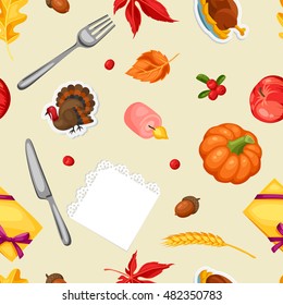 Thanksgiving Day seamless pattern. Ornament with autumn and holiday objects.