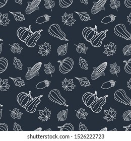 Thanksgiving day seamless pattern with with pumpkin, corn and autumn leaves. Vector illustration