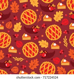 Thanksgiving Day seamless pattern with pumpkin, pie, cranberry, branches, cornucopia, oak leaves on brown background. Perfect for wallpaper and greeting cards