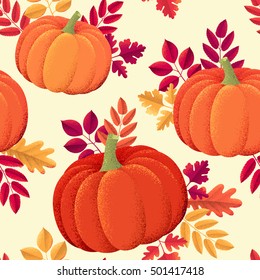 Thanksgiving Day seamless pattern. Retro vector background with pumpkins and various autumn leaves. Oak, mountain ash, rowan, hawthorn