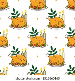 Thanksgiving day seamless pattern with roasted turkey for greeting card, gift box, wallpaper, fabric, web design. Isolated on white.