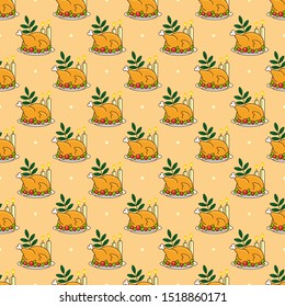 Thanksgiving day seamless pattern with roasted turkey on orange background for greeting card, gift box, wallpaper, fabric, web design. 