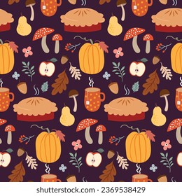 Thanksgiving day seamless pattern with  seasonal autumn elements, vector design