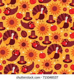 Thanksgiving Day seamless pattern with sunflower, turkey, apple, pumpkin, hat, cornucopia, walnut on yellow background. Perfect for wallpaper and greeting cards