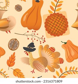 thanksgiving day seamless pattern with turkey in pilgrim's hat, pumpkin, pie and holiday decor	