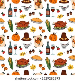 Día de Acción de Gracias sin patrón con pavo, calabazas, vino, pastel de calabaza, maíz, salsa de arándanos, hojas de otoño, sombrero de peregrino. Feliz Fondo de pantalla de Vector dibujado a mano de acción de gracias. Impresión de noviembre