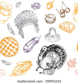 Thanksgiving Day seamless pattern with turkey, feather, berries, apples, pie, corn, eggplant, leaves