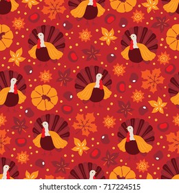 Thanksgiving Day seamless pattern with turkey, chestnut, flower, maple leaves on brown background. Perfect for wallpaper and greeting cards