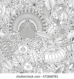 Thanksgiving day seamless pattern. Various elements for design. Cartoon vector illustration. Black and white colors. Autumn background