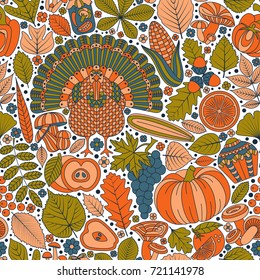 Thanksgiving day seamless pattern. Various elements for design. Cartoon vector illustration.