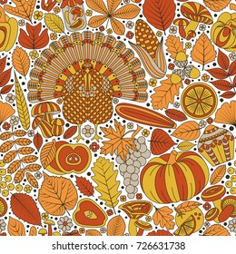 Thanksgiving day seamless pattern. Various elements for design. Cartoon vector illustration.