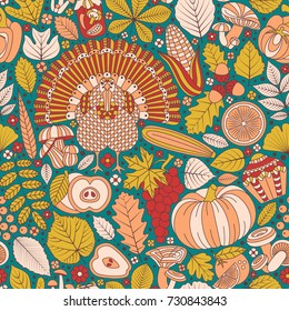Thanksgiving day seamless pattern. Various elements for design. Cartoon vector illustration.