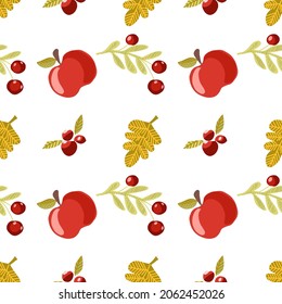 Thanksgiving Day seamless pattern. Vector illustration with turkey, pumpkins, red berries, autumn leaves, scarecrow, sunflowers, apples.