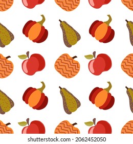 Thanksgiving Day seamless pattern. Vector illustration with turkey, pumpkins, red berries, autumn leaves, scarecrow, sunflowers, apples.