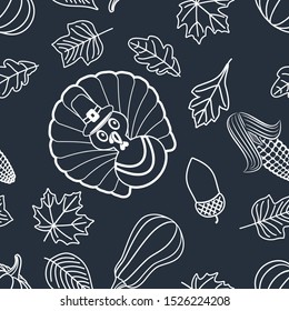 Thanksgiving day seamless pattern with with, turkey, pumpkin and autumn leaves. Vector illustration