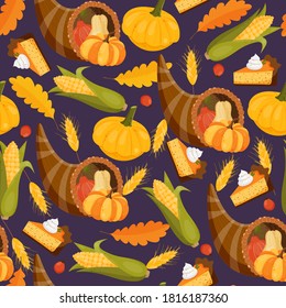 Thanksgiving day seamless vector pattern with cornucopia, pumpkin, corn, pie slice, autumn leaves on dark background