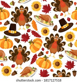 Thanksgiving day seamless vector pattern with sunflower, pumpkin, turkey, autumn leaves, pilgrim hat