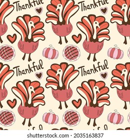 Thanksgiving Day Seamless Vector Pattern. Cute illustration with turkey, pumpkin and pie. Design for fabric, packaging, paper, postcards