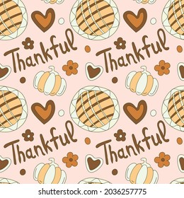 Thanksgiving Day Seamless Vector Pattern. Illustration with pumpkin pie, flowers and hearts. Design for fabric, paper, packaging, postcards.