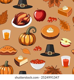 Thanksgiving day seamless vector pattern with pumpkins, hats, turkey, pumpkin and apple pies, and autumn leaves. Autumn repeating background for party invitation, fabric, packaging, dinner party