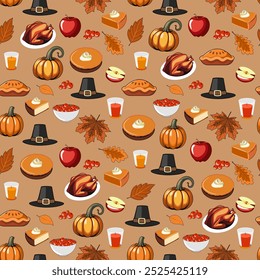 Thanksgiving day seamless vector pattern with pumpkins, hats, turkey, pumpkin and apple pies, and autumn leaves. Autumn repeating background for party invitation, fabric, packaging, dinner party