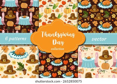 Thanksgiving Day seamless vector pattern set. Hand-drawn turkey, pie, hat, corn, candles and pumpkins. Cozy fall design for holiday wrapping, textiles and invitations.