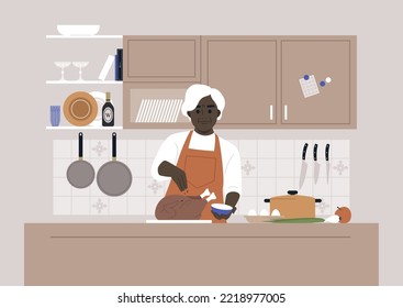 Thanksgiving day, A senior female African character cooking a roasted turkey in a kitchen