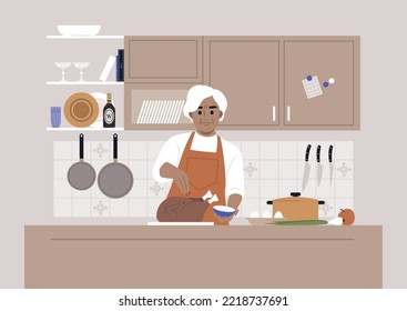 Thanksgiving day, A senior female Caucasian character cooking a roasted turkey in a kitchen