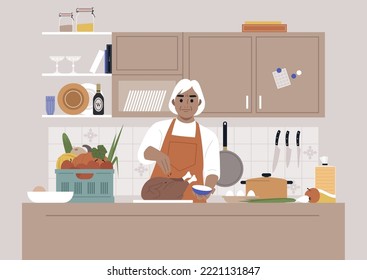 Thanksgiving day, A senior female Caucasian character cooking a roasted turkey in a kitchen