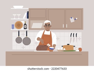 Thanksgiving day, A senior male Caucasian character cooking a roasted turkey in a kitchen
