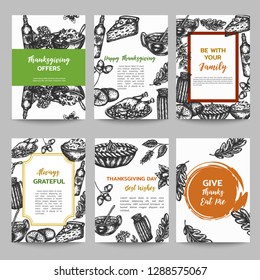 Thanksgiving day set of cards collection hand drawn vector illustration with autumn elements, food Vintage retro style