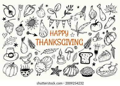 Thanksgiving day set. Collection of vector icons isolated on white. Hand-drawn doodles. Festive elements outline. Turkey, vegetables, fruits. Autumn harvest. Sketch of traditional seasonal food.