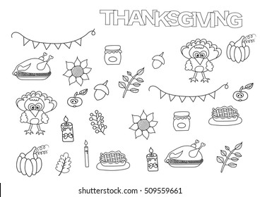 Thanksgiving day set. Coloring book page template.  Outline doodle vector illustration. 
