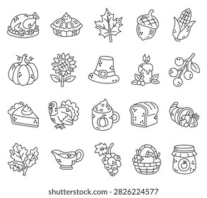Thanksgiving day set featuring turkey pie leaf acorn corn pumpkin sunflower pilgrim hat candle berry mug bread cornucopia gravy grape