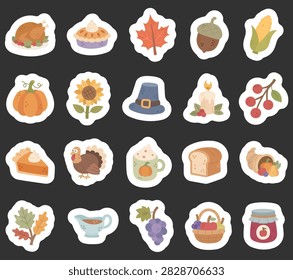 Thanksgiving day set featuring turkey pie leaf acorn corn pumpkin sunflower pilgrim hat candle berry mug bread cornucopia gravy grape