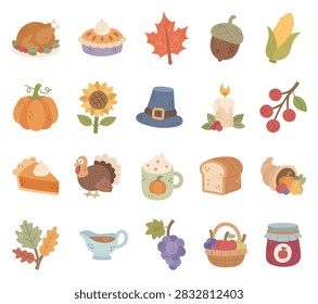 Thanksgiving day set featuring turkey pie leaf acorn corn pumpkin sunflower pilgrim hat candle berry mug bread cornucopia gravy grape