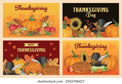 Thanksgiving day set flyers colorful with big harvest to promote holiday parties on second monday of october vector illustration