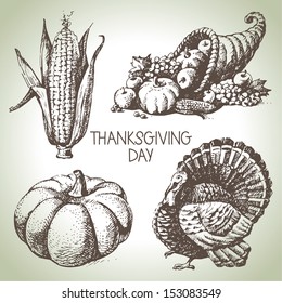 Thanksgiving Day set. Hand drawn vintage illustrations