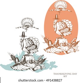 Thanksgiving Day set. Hand drawn vintage illustrations. Turkey and food elements for holiday design. Holiday card design.