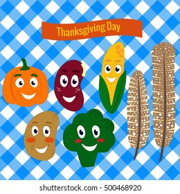 Thanksgiving Day. Set Happy vegetables with a turkey feather. Background blue table cloth in a cage. Vector illustration.