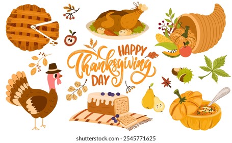 Thanksgiving day set. Harvest festival elements, turkey, corn, pumpkin pie, autumn leaves. Family holiday icons for greeting card, scrapbooking, stickers, print. Vector illustration isolated 