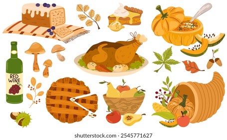 Thanksgiving day set. Harvest festival elements, turkey, corn, pumpkin pie, mushrooms, wine, autumn leaves. Family holiday icons for greeting card, scrapbooking, stickers, print. Vector illustration 