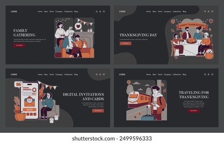 Thanksgiving Day set. A heartwarming collection illustrating family gatherings, festive meals, digital invitations, and holiday travel. Celebrate togetherness and gratitude. Vector illustration.