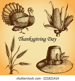 Thanksgiving Day set (kit). Pilgrim's hat, turkey, wheat, corn.  Hand drawn sketch and watercolor vector illustration