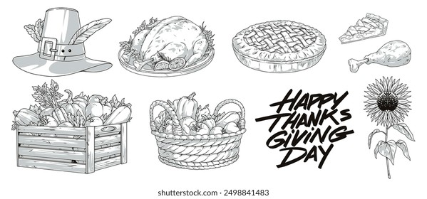 Thanksgiving day set labels monochrome hat symbolizing traditional holiday and roast turkey near basket of fruits and vegetables vector illustration