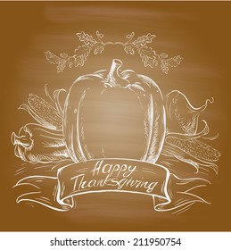 Thanksgiving Day set on blackboard. Hand drawn vintage illustrations