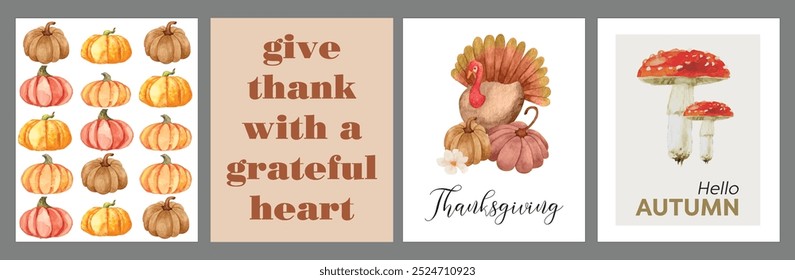 Thanksgiving Day set of posters. Thanksgiving backdrop with pumpkin leaves, turkey, mushrooms, autumn. 
Modern thanksgiving painting display set, fall decorations. Vector Illustration.