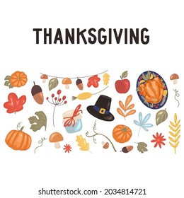 Thanksgiving day set with roast turkey on a platter, pumpkin, vegetables, leaves, berries, mushrooms, hat. Vector illustration in cartoon style