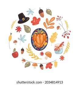 Thanksgiving day set with roast turkey on a platter, leaves, flowers, berries, mushrooms, hat. Vector illustration in cartoon style