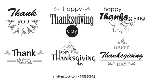 Thanksgiving day. Set of six congratulatory inscriptions with design elements. / Vector, lettering, type design, black and white.